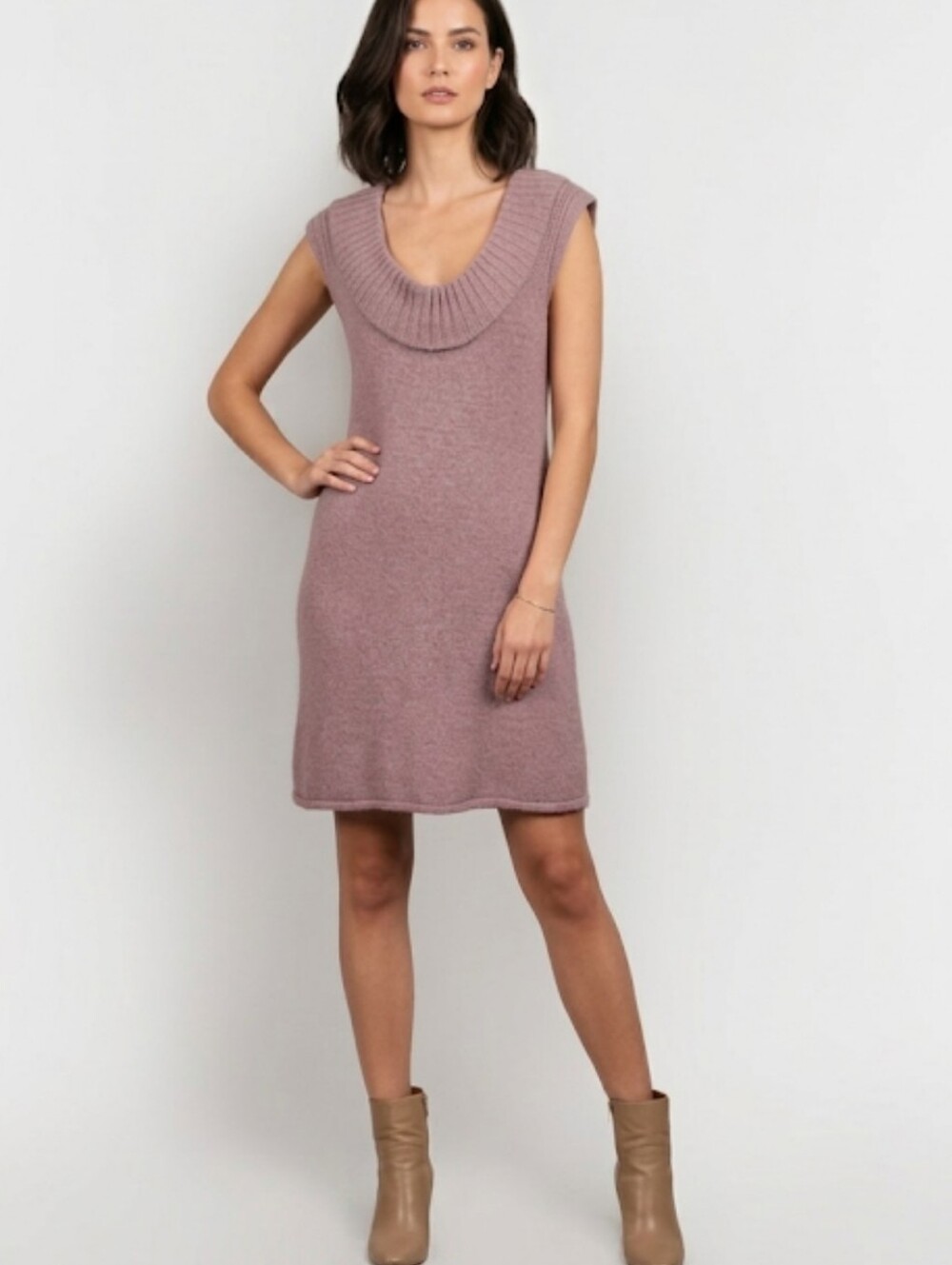 NWT BCBGMAXAZRIA Rosewood Pink Wool Blend Knit Cowl Neck Sweater Dress L